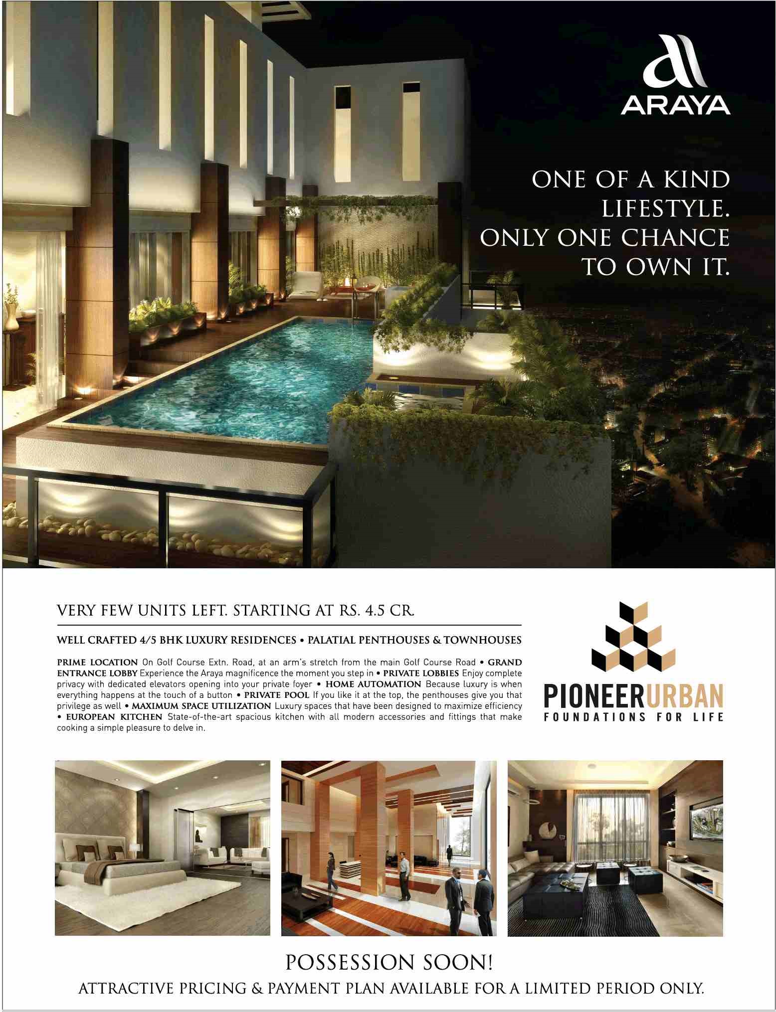 Well crafted 4 & 5 BHK luxury residencies at Pioneer Araya, Gurgaon Update